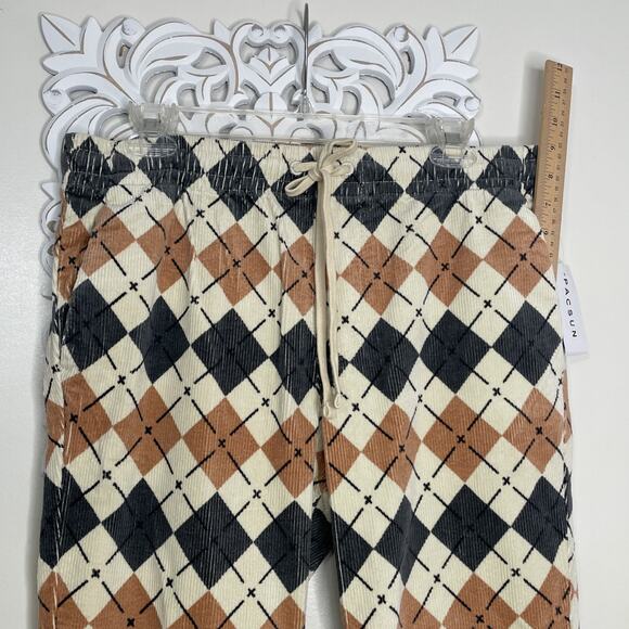 PACSUN size Slim MEDIUM Argyle Pattern Corduroy PANTS Elastic Waist TAN GRAY - Picture 8 of 16